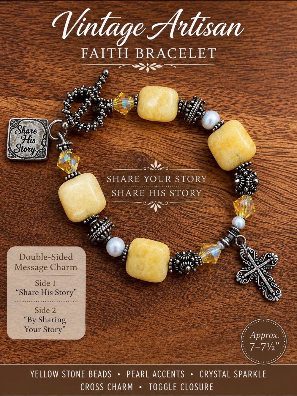 Vintage Artisan Yellow Stone Pearl Crystal Cross Charm Bracelet Cross